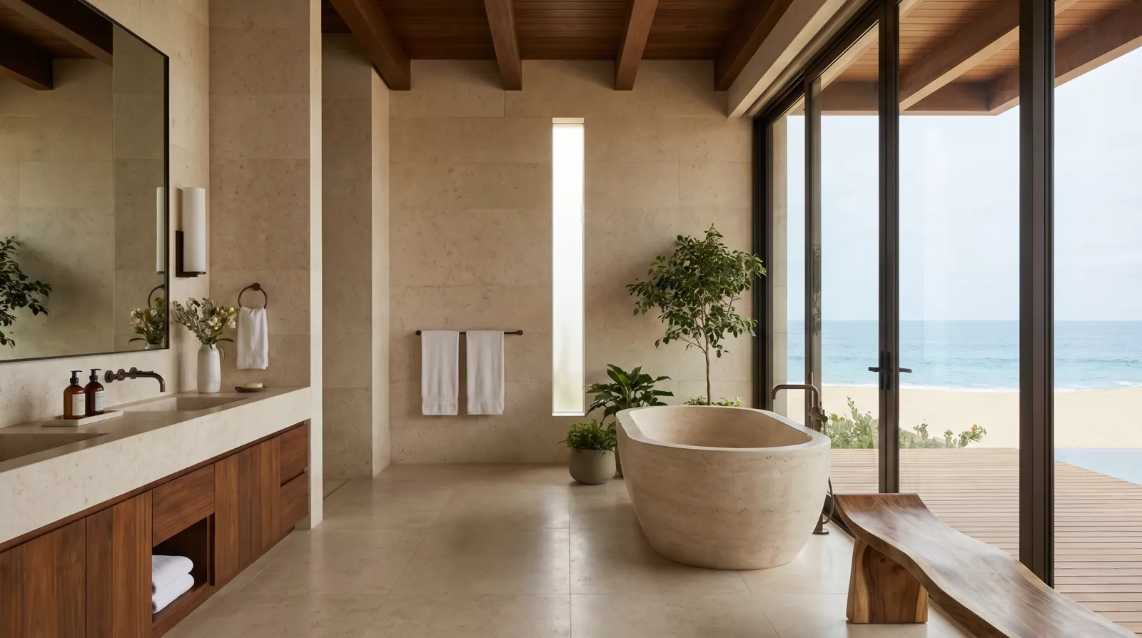 The Primary Bath — a monolithic stone soaking tub before floor-to-ceiling glass and the ocean