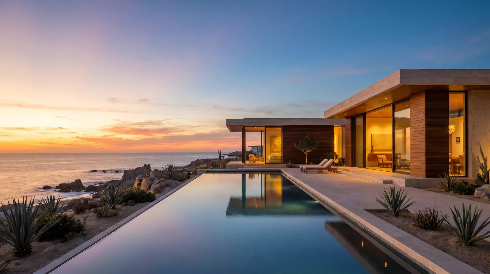 Casa Sereno at dusk — cantilevered limestone volumes and a 25-meter infinity pool merging with the Sea of Cortez
