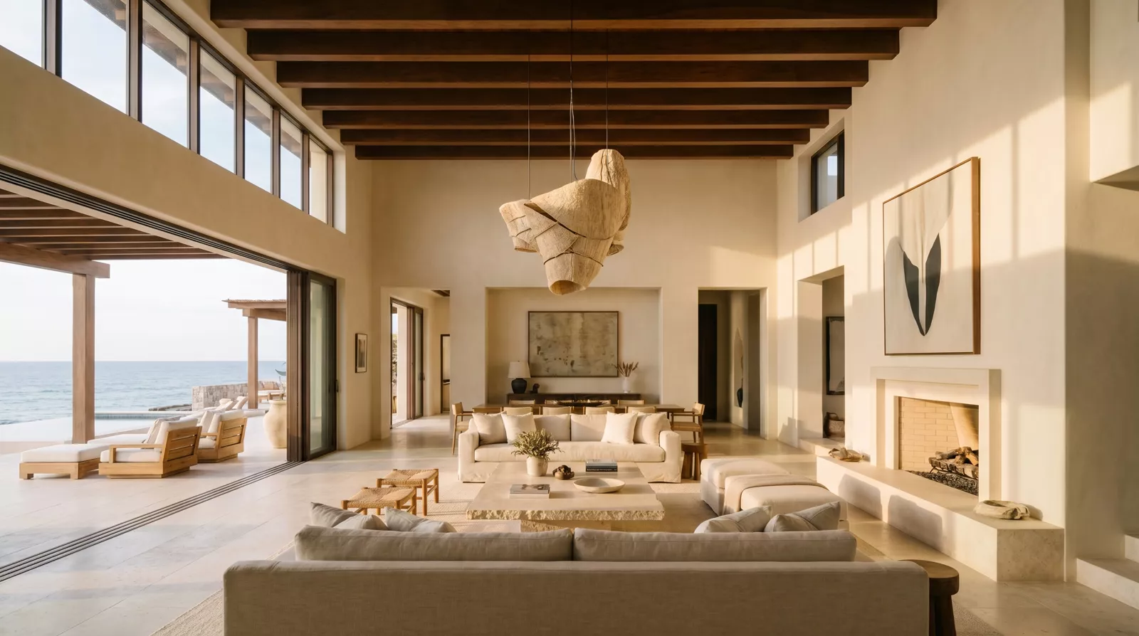 The Great Room — a double-height living space with walls of glass folded open to the terrace and sea