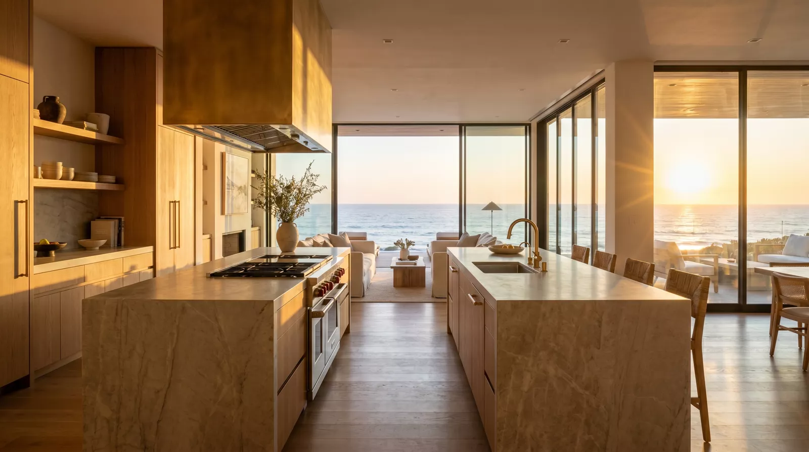 The Chef's Kitchen — honed natural stone, dual islands, warm oak cabinetry, open to the ocean light
