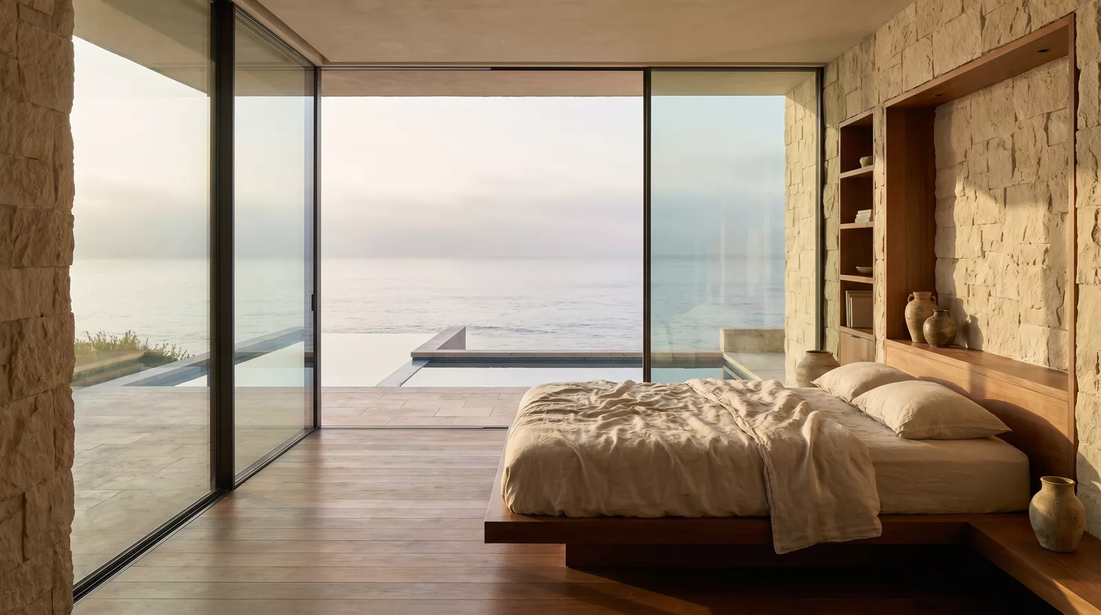 The Primary Suite — a floating bedroom over the water with a private plunge pool and dawn light
