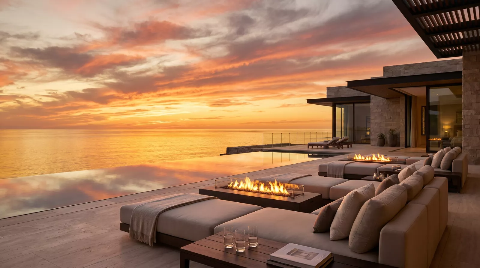 The Infinity Terrace at sunset — fire tables and the 25-meter edge over the Sea of Cortez
